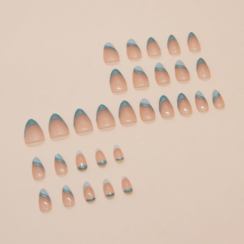Light Blue French Tip Press on Nails – Medium Almond – QUNQINLI Fake Design AB2