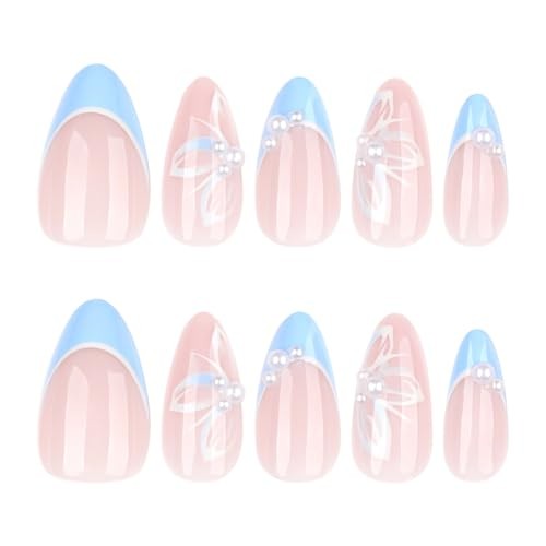 Nude Press on Nails Medium Almond Blue French Tips Fake Nails Press ons Styl 6