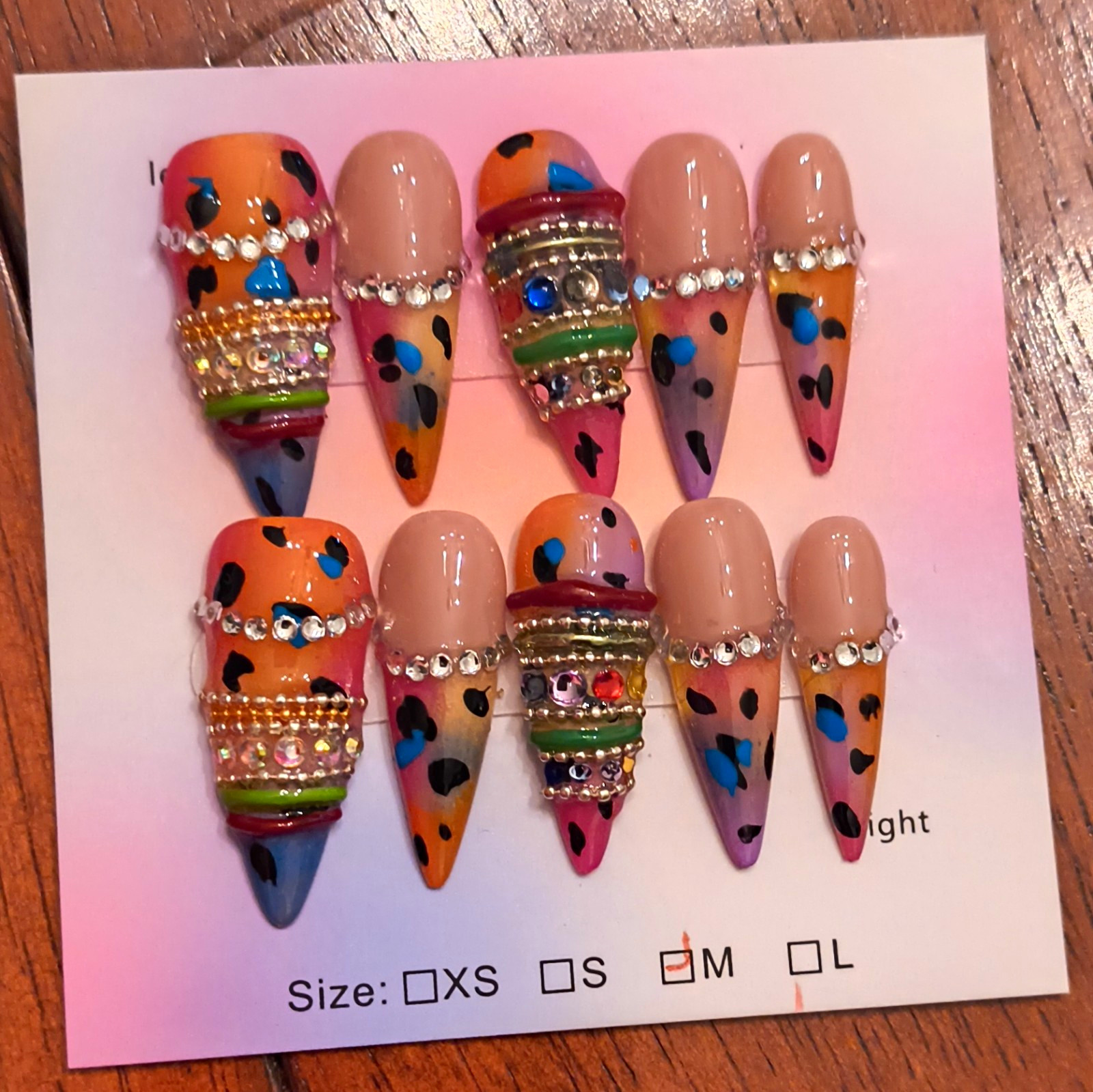 Press-On Nails Long Stiletto Nude/Multicolor 3D Leopard Rhinestone Full Cover