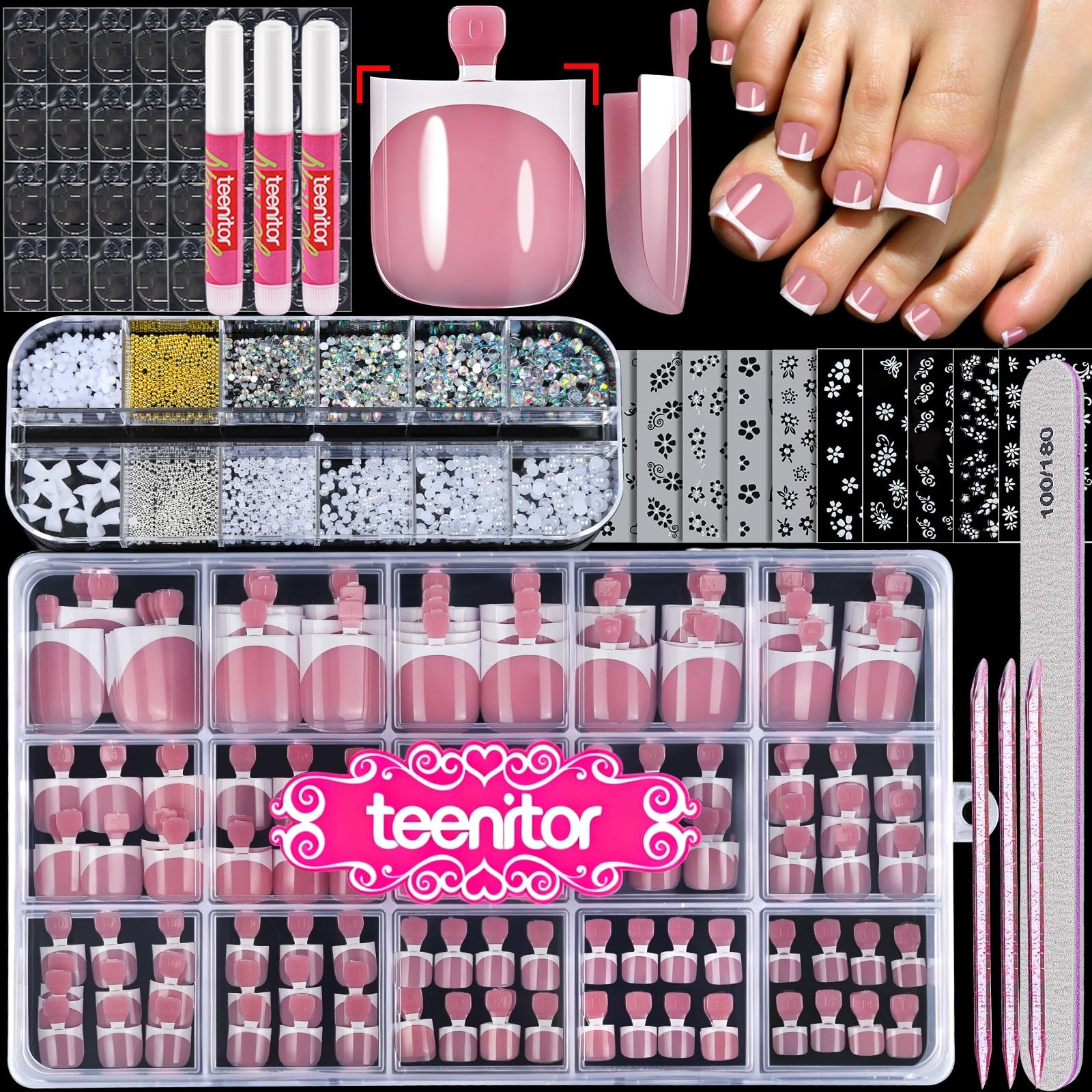 Teenitor Square Toe Nail Press Ons, 150pcs Large, Pink French with White