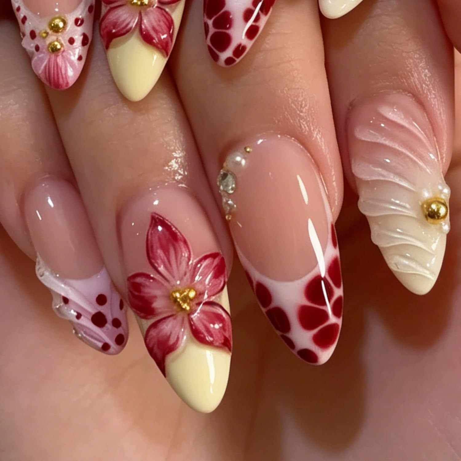 24Pcs Flowers Press on Nails Medium Almond Fake Nails 3D Floral with Gold Beads