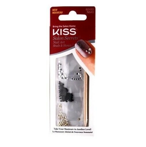 Kiss Salon Secrets Nail Art Studs & Stones Kit + Stick Silver Black Gold 62433