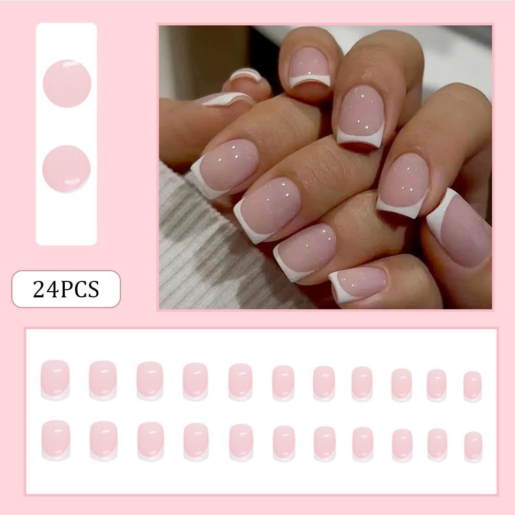 Short Press on Nails 24pcs Square Fake False Nails with White French Tip Desi…
