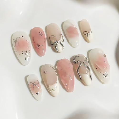 24Pcs Pink Press on Nails Medium Almond Fake Nails 3D Silver Bow Fake Nails-6