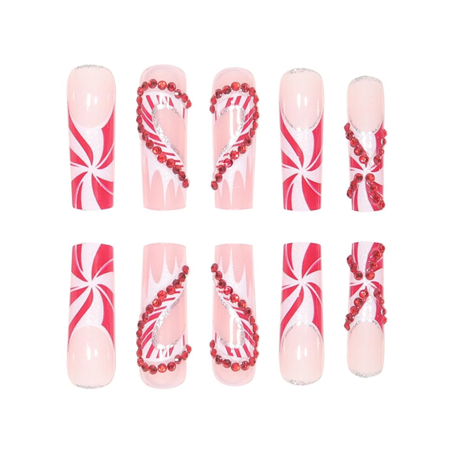 Christmas Bling French Tip Press on Nails Long Square Fake Nails with Candy C…