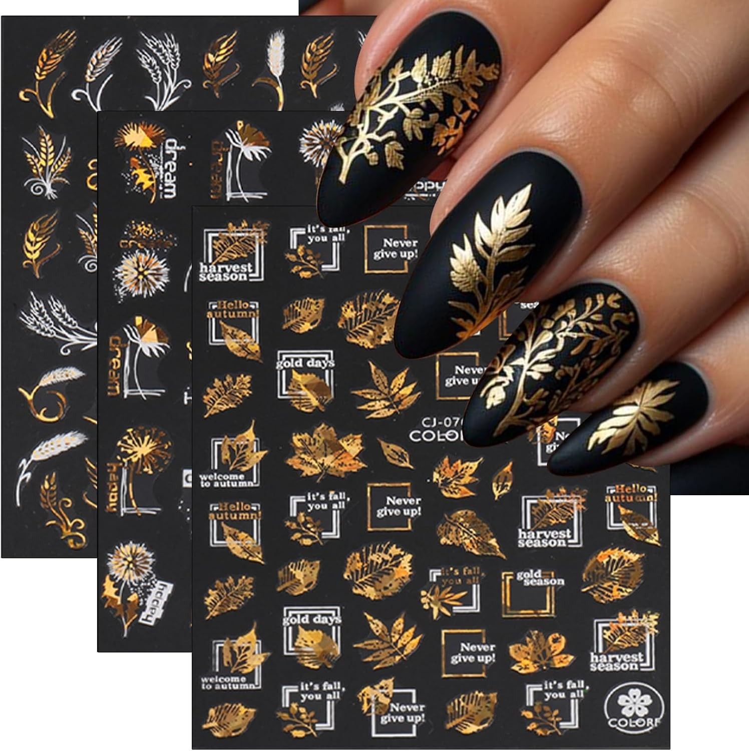 9 Sheets Bronzing Fall Nail Art Stickers 3D Glitter Metallic Maple Leaf Nail …