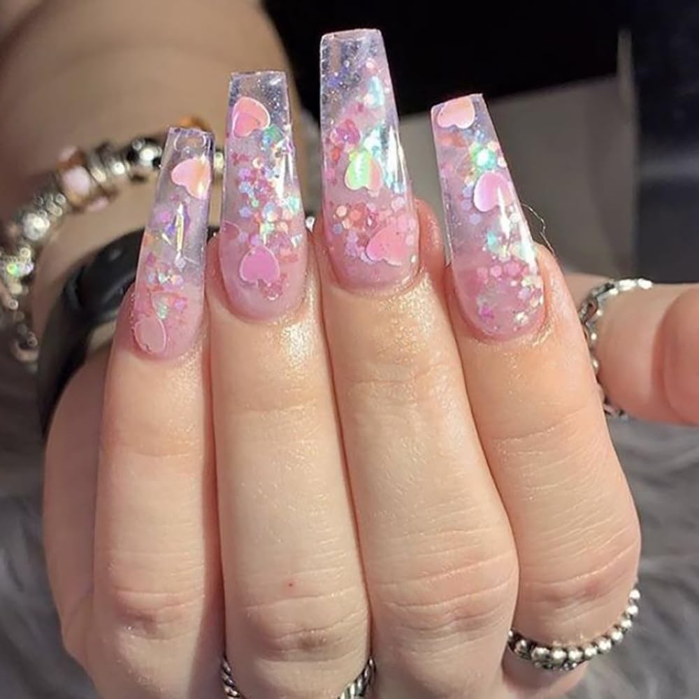 2 Boxes Colorful Heart Star Glitter for Nails Aurora Pink Nail Glitter Flakes…