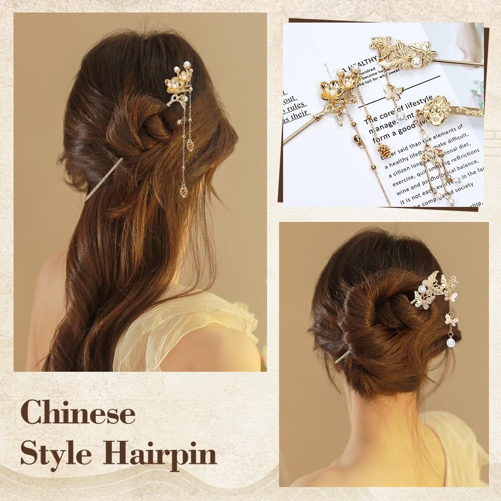 Lawie 1 Count (Pack of 10), 10 Pack Gold Decorative Hair Sticks with Tassels