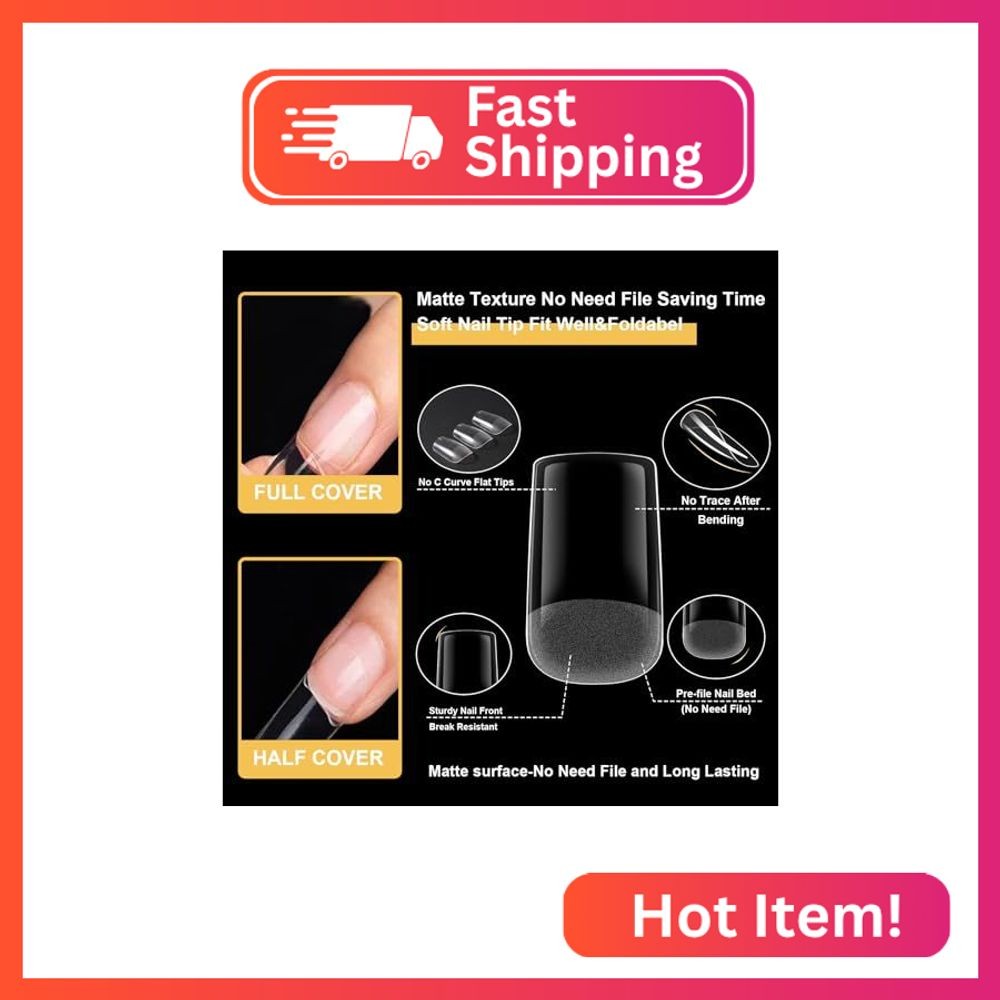 EODCI Gel Nail Tips Short Square, 600Pcs Pre-Shaped Soft Clear Full Cover False