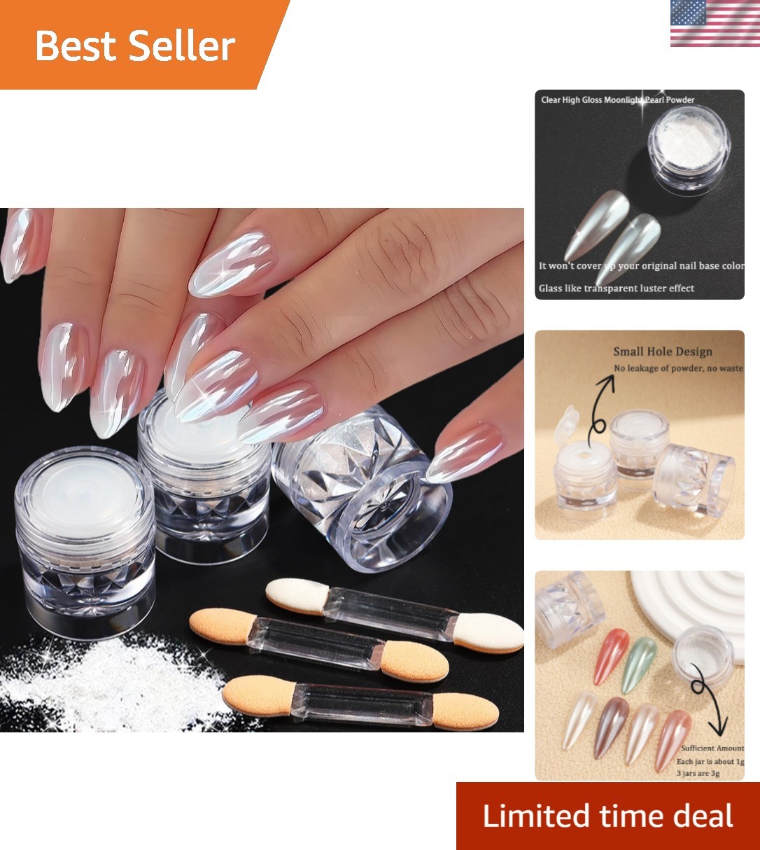 3Pcs Moonlight White Pearl Chrome Nail Powder, Super Glossy Clear Mirror Effect