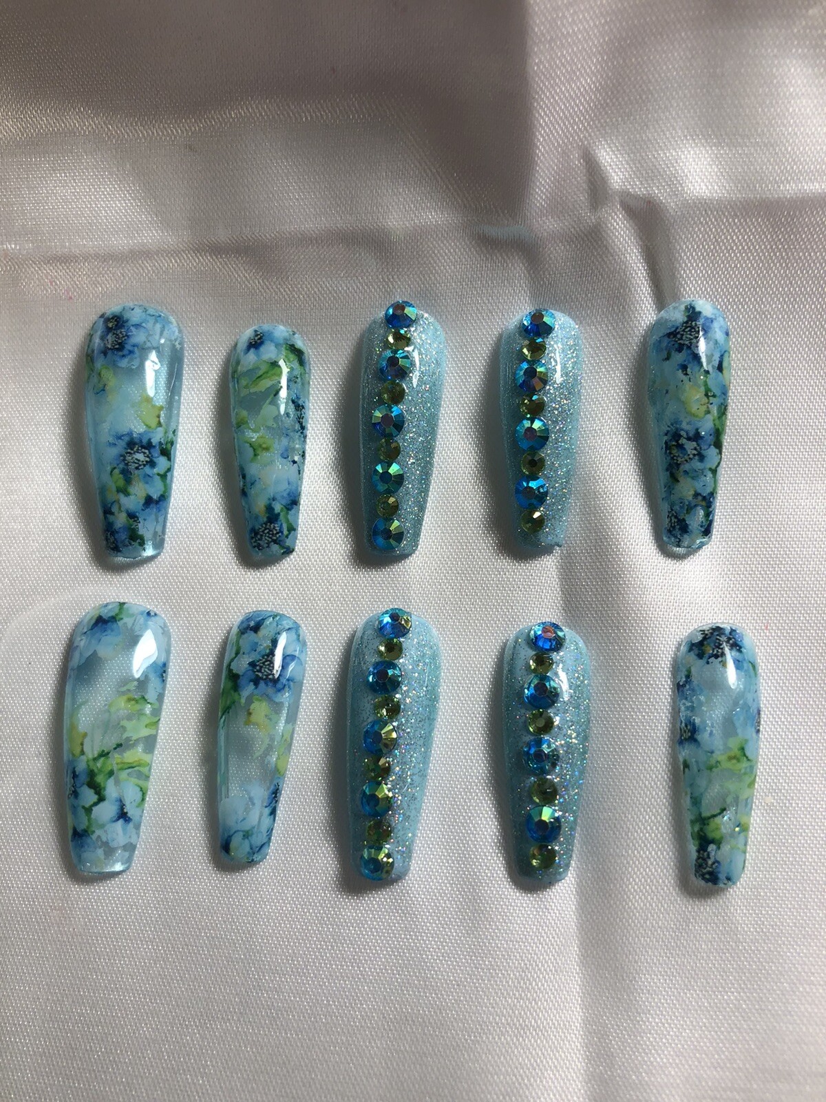 Z NAILZ! Gorgeous Set Of Handmade Custom Floral Blue Coffin Press On Nails