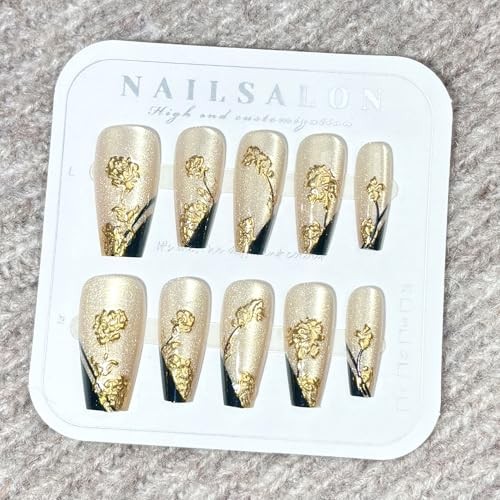 Press on Nails Square Fake Nails Gold Rose Flowers Acrylic Nails Medium Style 9