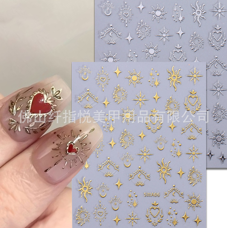 2Pcs Star Moon Sun Heart Bohemian Metallic Gold Silver Nail Stickers DIY NH28