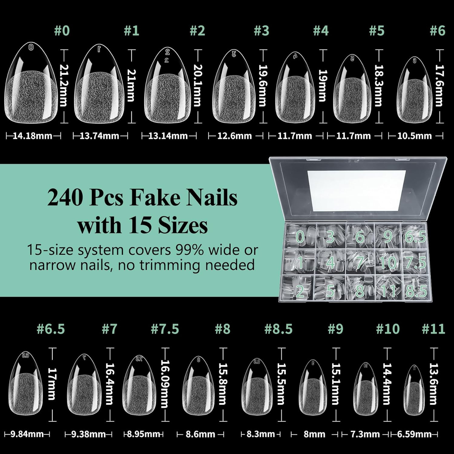 Short Almond Nail Tips, 15 Sizes 240 PCS Clear Acrylic Soft Fake Nails Gel Nail