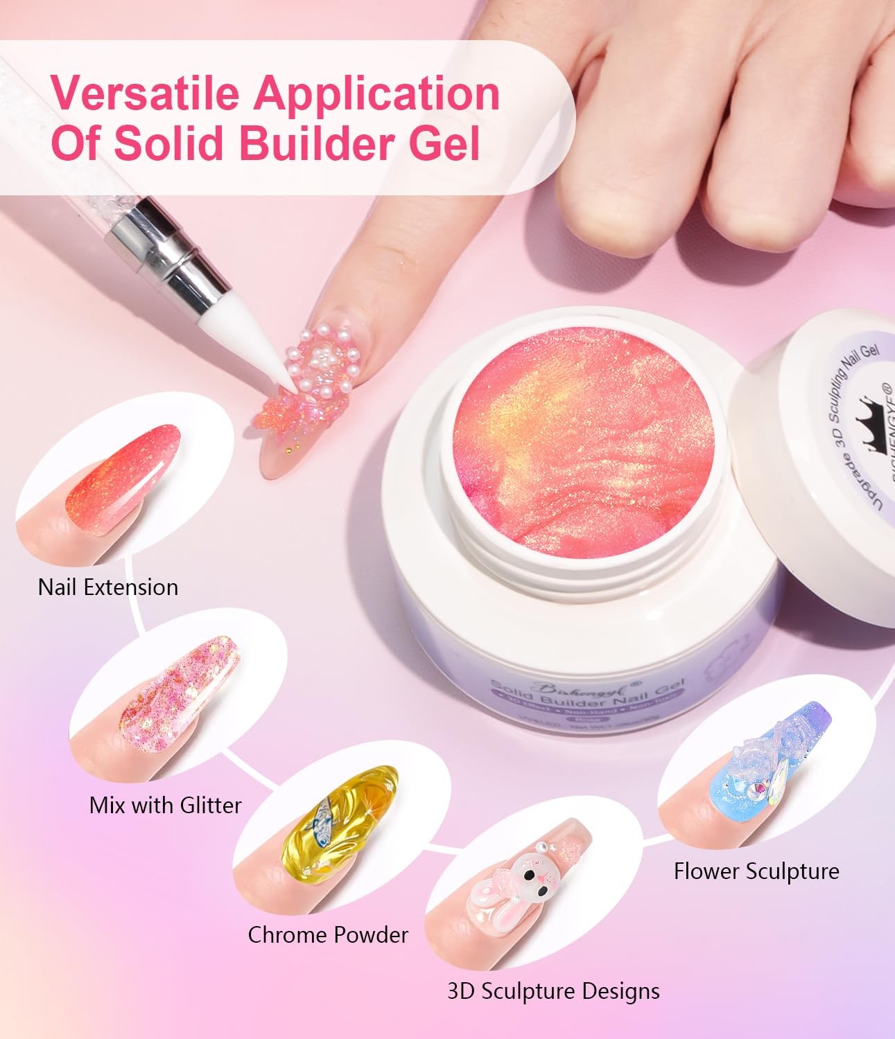 Solid Builder Gel For Nails – Non-Sticky Hand 3D Gel Nail Art Easy Shape 3D S…