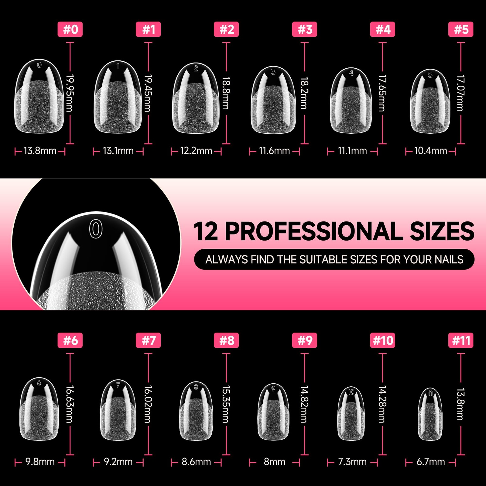 UNA GELLA Oval Round Nail Tips Pre-shaped 0-11 (incremental sizes), Clear