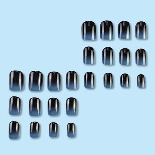 24 Pcs Blue-Black Gradient Press on Nails – Short Square Shape – Fake Style 14