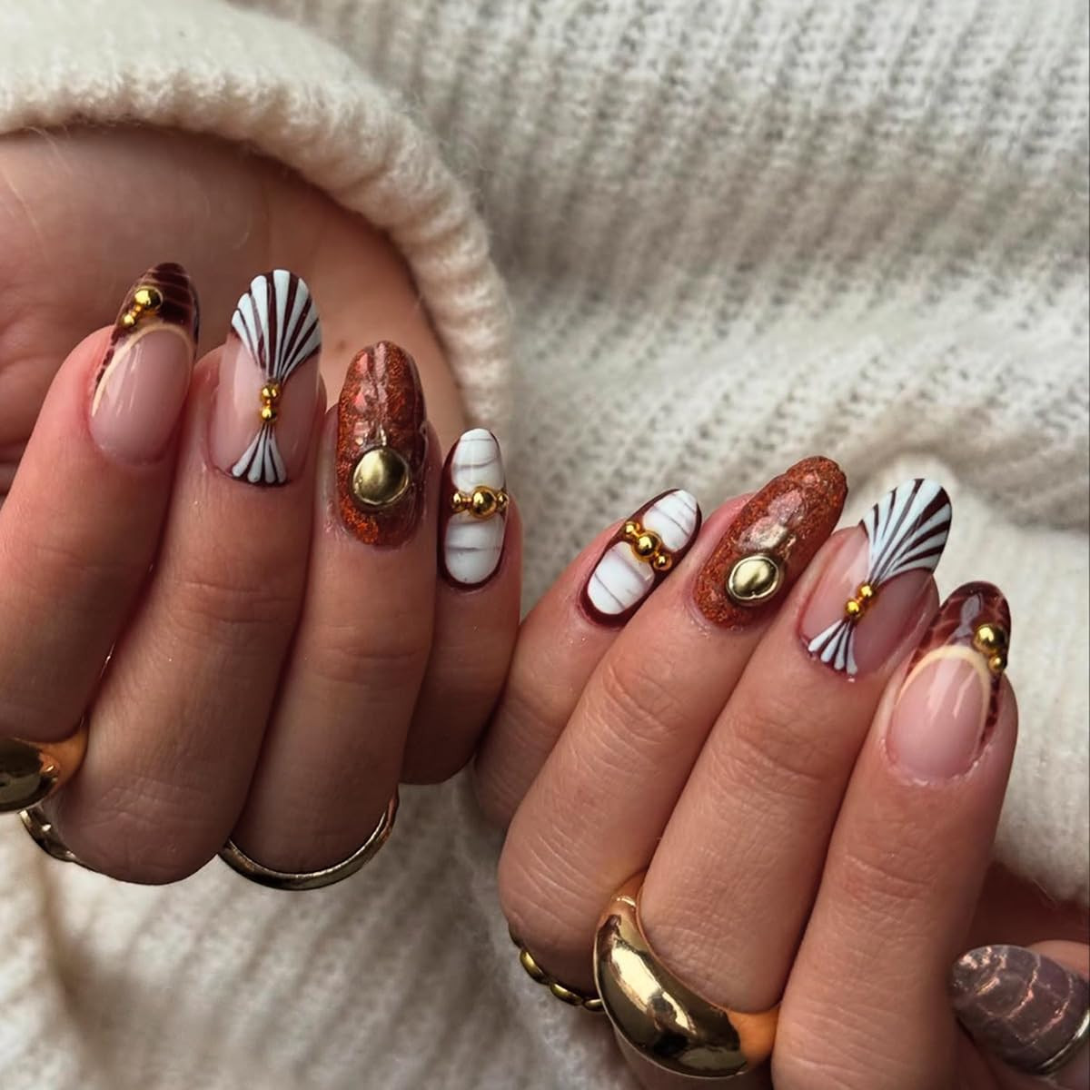 Long Almond Press on Nails Nude Brown Ormbed Fake Nails with Gold Accents Stick