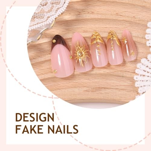 French Tip Press On Nails Medium Almond Fake Nails Gold Sun normal-nails15