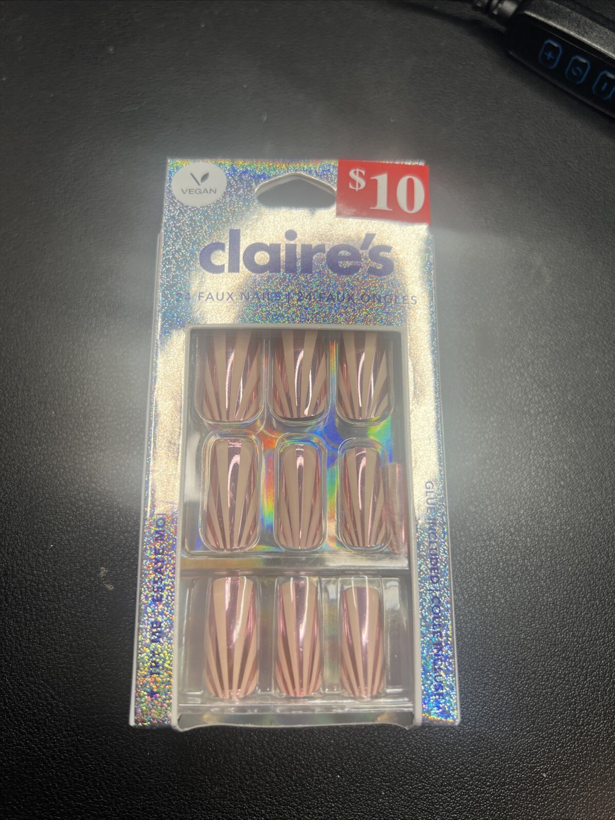 24pc Claire’s Fake False Glue On Pink Sunburst Square Metallic Nails