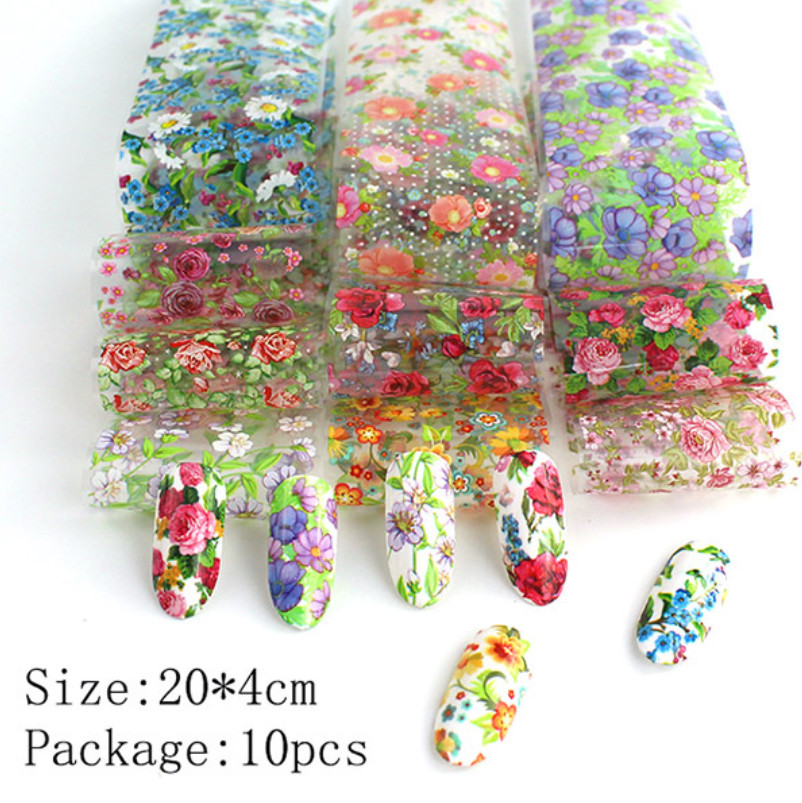 10Pcs Nail Art Foil Stickers Flower Pattern Transfer Decals Decoration Tips NS46