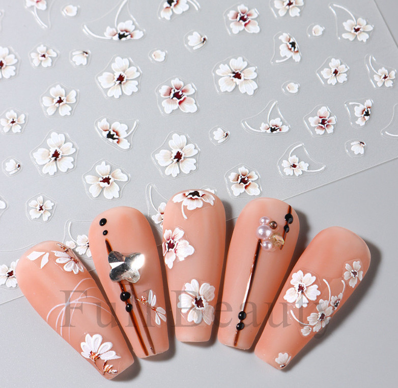 5D Embossed White Sakura Daisy Camellia Flowers Decal Nail Stickers Slider NS52