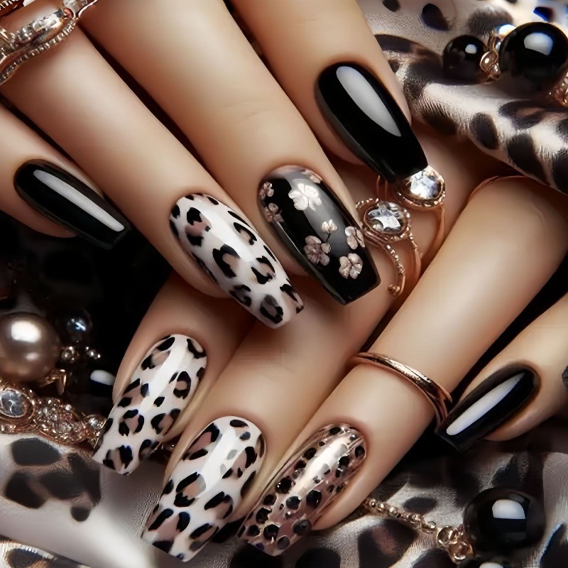 48Pcs-Black Leopard Print Press on Nails Glossy Long Coffin Nail Art Set Daily