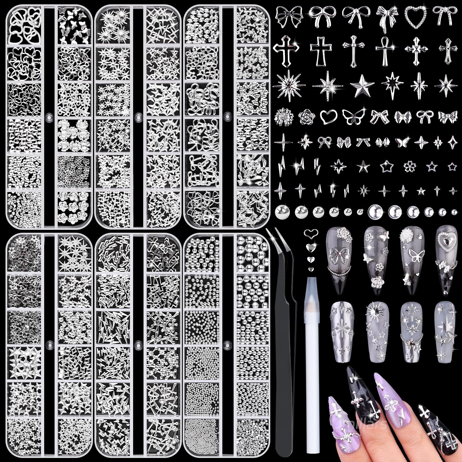 6 Boxes Silver Nail Charms with Nail Pearls, 3D Star Cross Nail Art Studs Met…