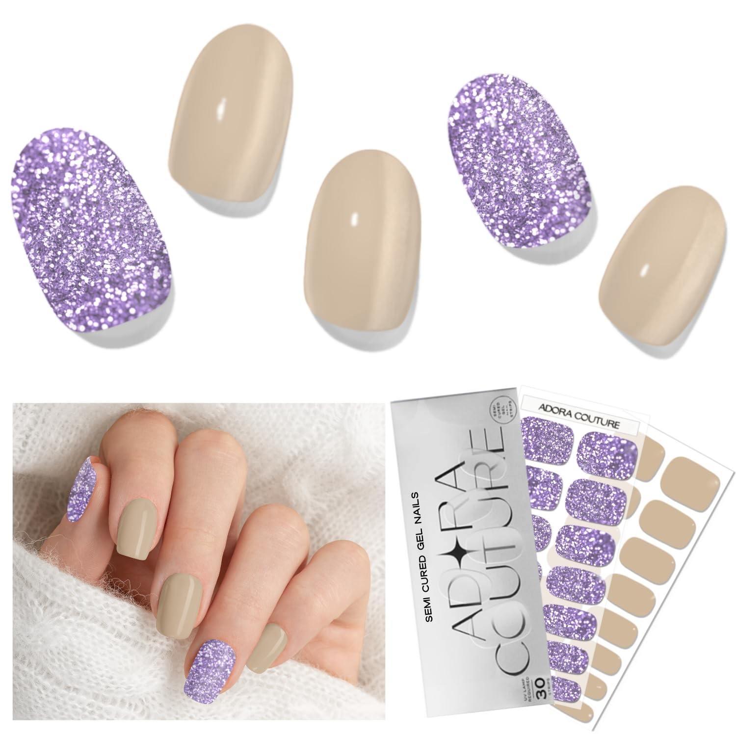 Semi Cured Nail Strips – Nude Glitter – 30 Pieces UV Nail Wrap Kit with Prep …
