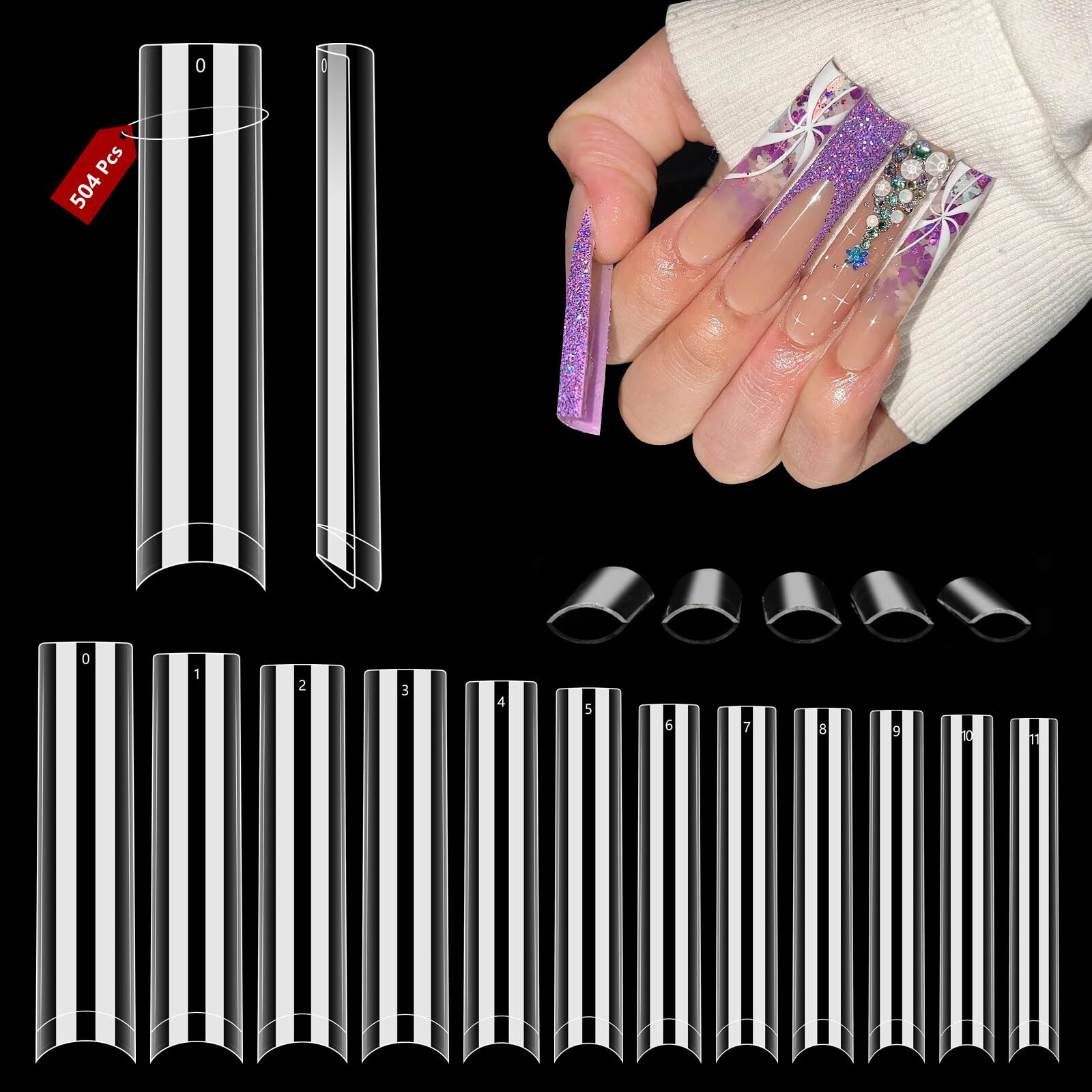 504 Pcs 3XL Long Square Nail Tips No C Curve Nail Tips Half Cover False Nails