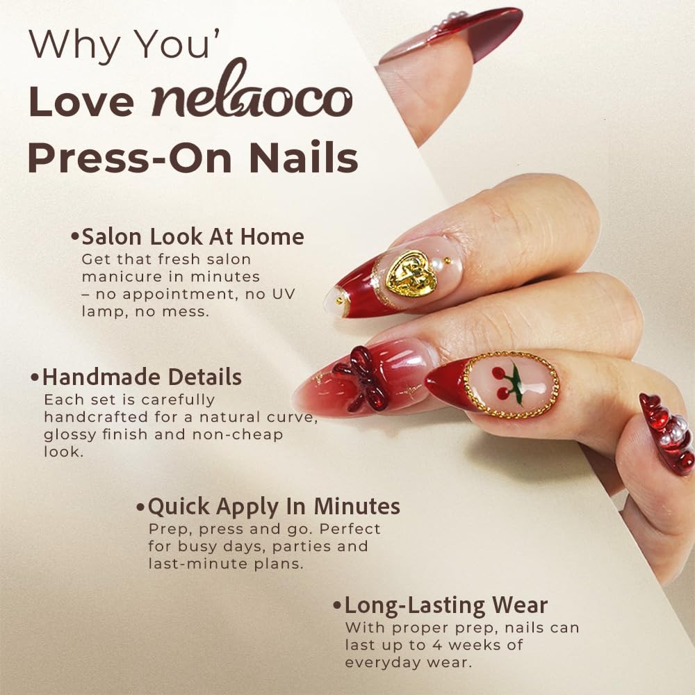 10PCS Handmade Press On Nails REUSABLE 3D Fake Nails Acrylic Slim Natural Pro…