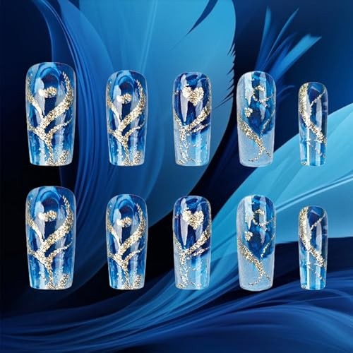 Gold Curve Line Press on Nails Sea Medium Square Fake Nails 24Pcs Blue Gradient