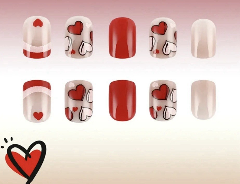 Fashionable French Tip Pink and Red Heart Design Acrylic Nails