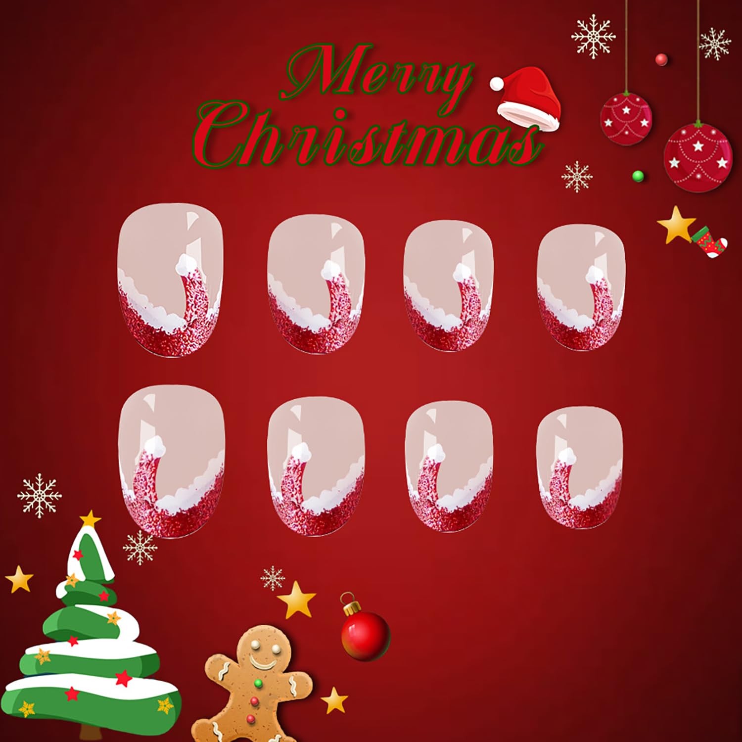Christmas Press On Nails – Short Oval Nude Pink False Nails With Red Tip Desi…