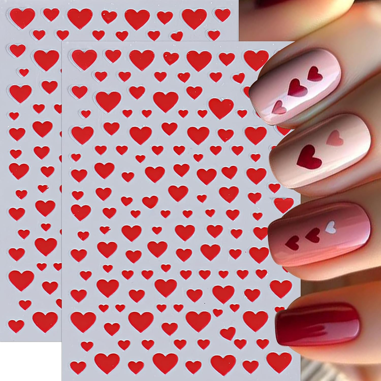 8Sheets Heart Nail Stickers Red Love Nail Decals 3D Self-Adhesive Valentine’S Da