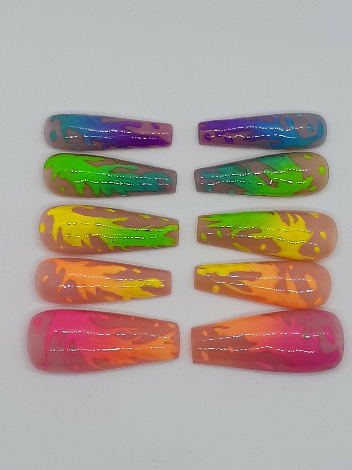 Rainbow Paint Splatter Neon Bright Summer Tropical Nude Vacation Press On Nails