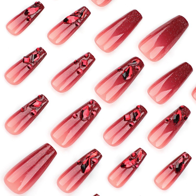 24pcs-Press on Nails Red Ombre Glitter Crystal Rhinestone Long Coffin Nail Set