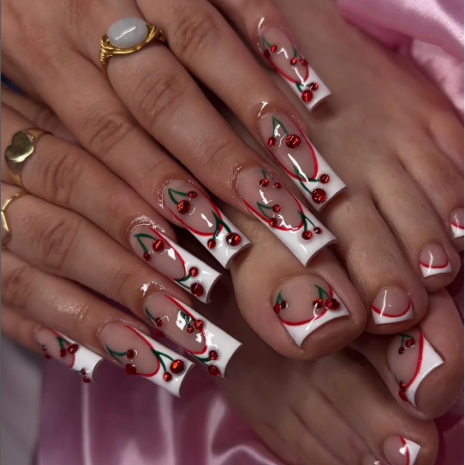 White French Tips Press on Nails Cherry Press on Toenails Long Square Stick o…