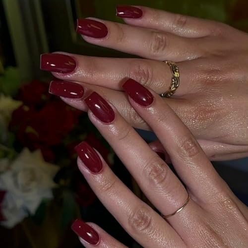 30 PCS Wine Dark Red Press on Nails Short Medium square glossy wine red