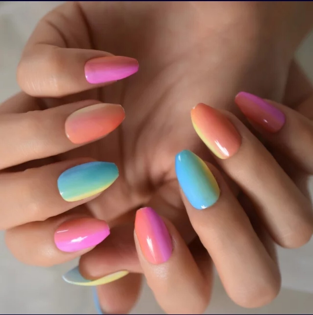 24 Candy Rainbow Ombre Press on nails glue on kit kawaii cute Multicolor bright