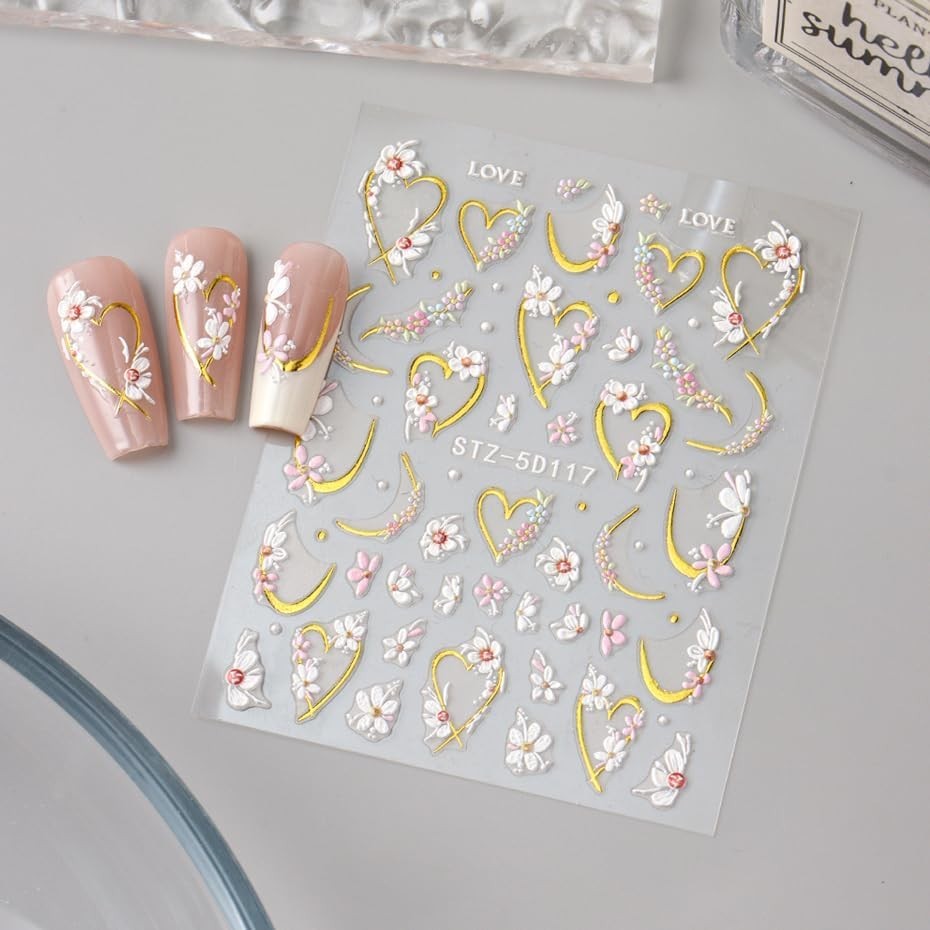 JMEOWIO 3D Embossed Flower Nail Art Stickers Decals Self-Adhesive 5D Spring Summ