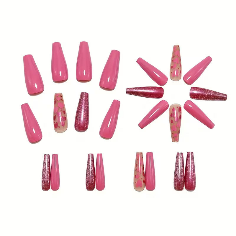 24pcs of Pink Medium Size Ballet Style Press On Nails, Heart Glitter, Valentines