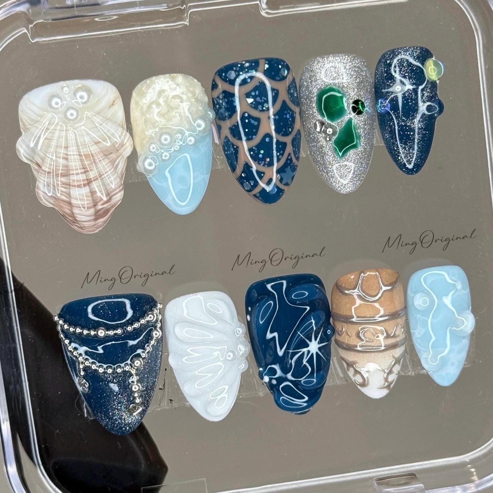 Handmade Deep Sea Scale Shell Butterfly Silver Chain Long Almond Press on Nails