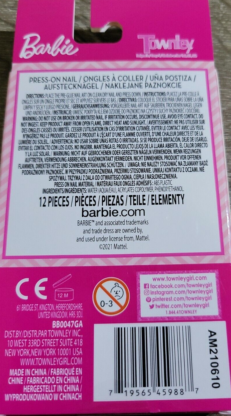Barbie Press On Kids Nails 1pk of 12 Nails-Brand New-SHIPS N 24 HOURS