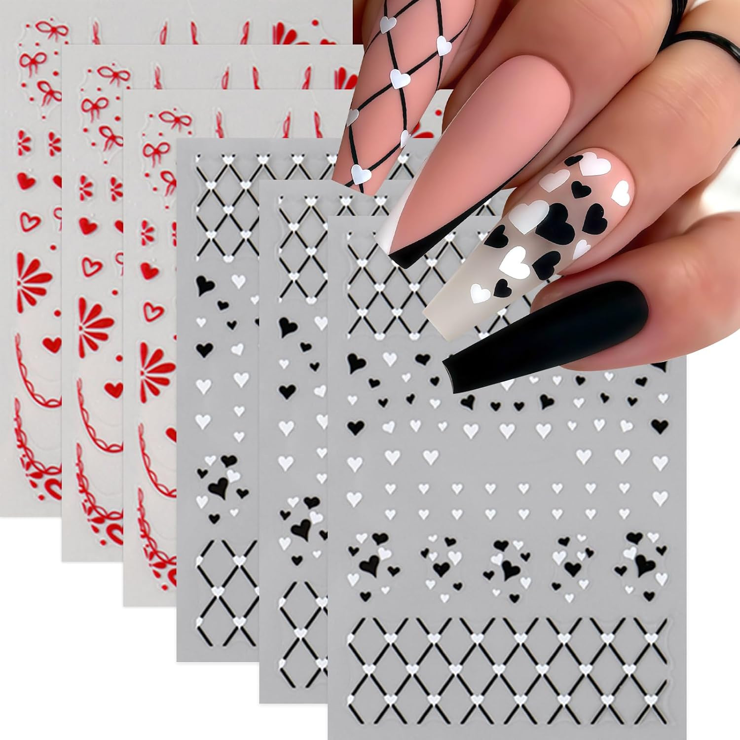 6 Sheets Bow Nail Art Stickers Bows Stickers for Nails 3D Self Adhesive Gold Red