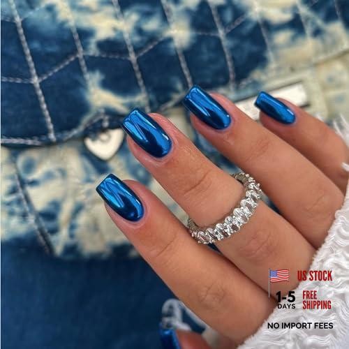 Medium Square Metallic Fake Royal Blue Chrome Nails – Medium Square Chrome Press