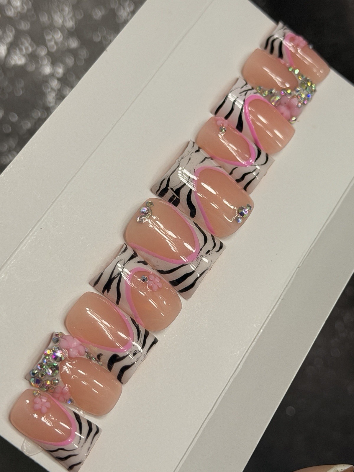 🎀 CUSTOM Hard Gel Press On False Nails French ZEBRA 10p Set SHORT DUCK W Kit