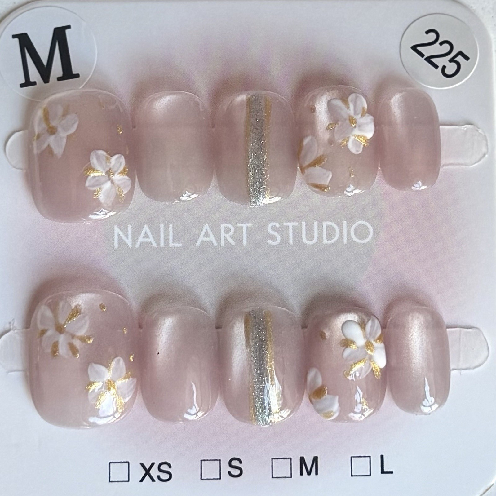 Hand painted Pink Flower Press-On Nails Short Squoval Size M Reusable Fake Nails