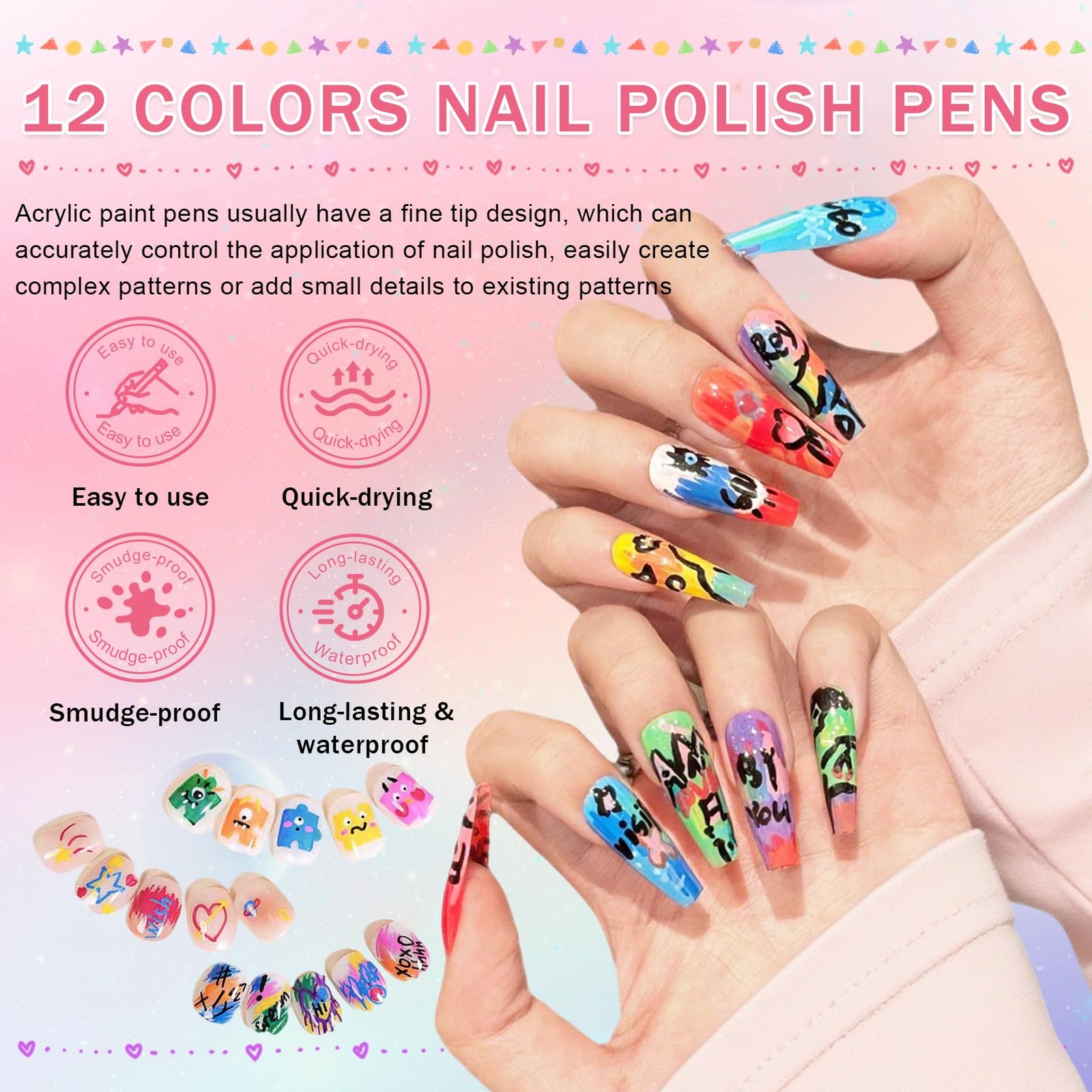 12 Colors Nail Art Pens Set Fine Tip Quick Dry Acrylic Paint Markers for DIY Des