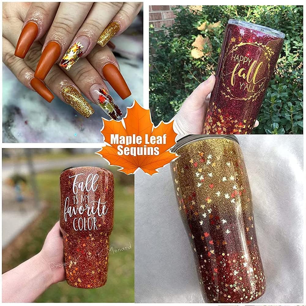 Maple Leaf Shape Glitter Fall Nail Art Sequins,3D Metallic Red God Orange Yel…